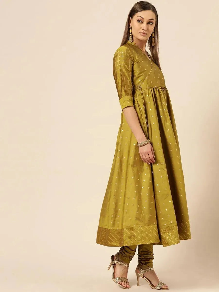 Green Self Design Silk Suit Set - Libas 
