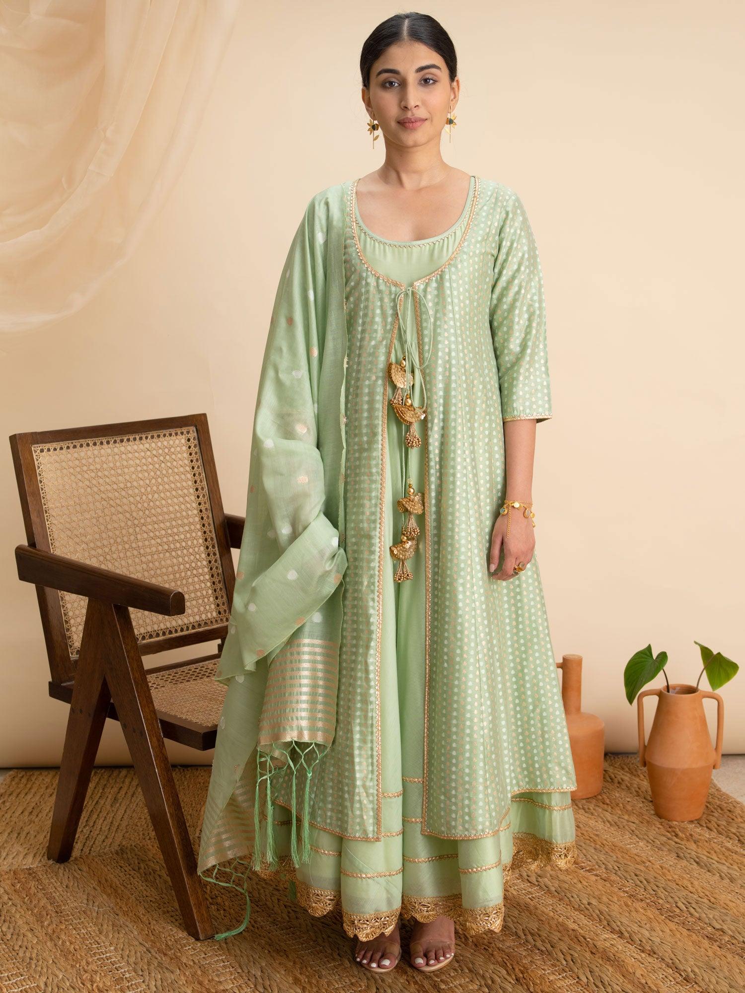 Green Self Design Silk Anarkali Kurta With Palazzos & Dupatta