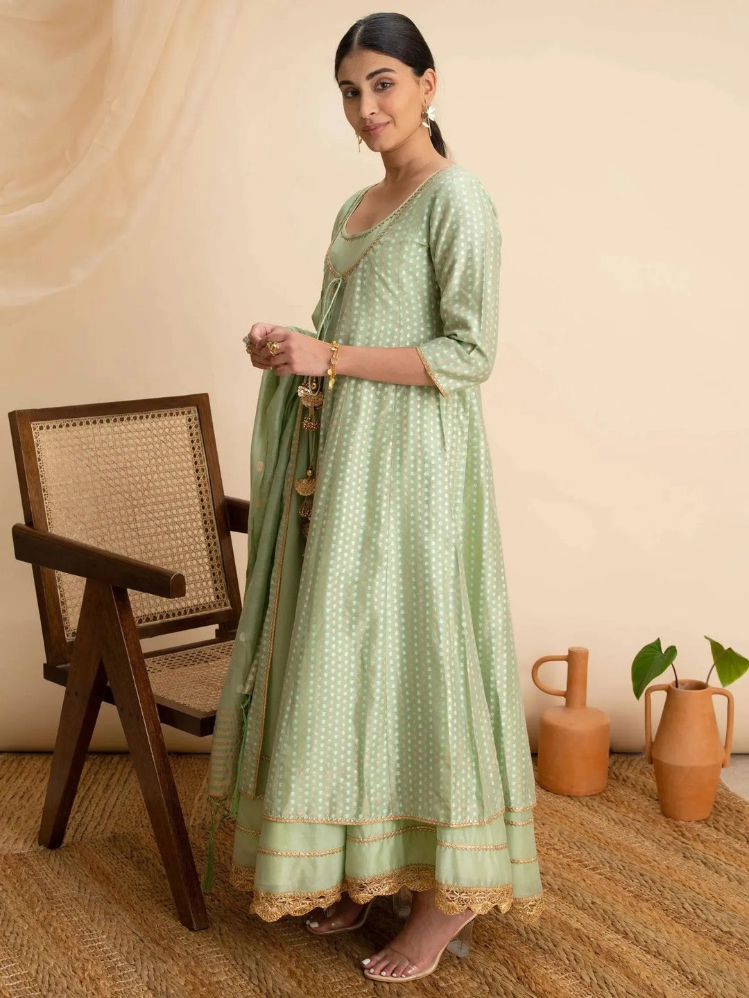 Green Self Design Silk Suit Set - Libas 