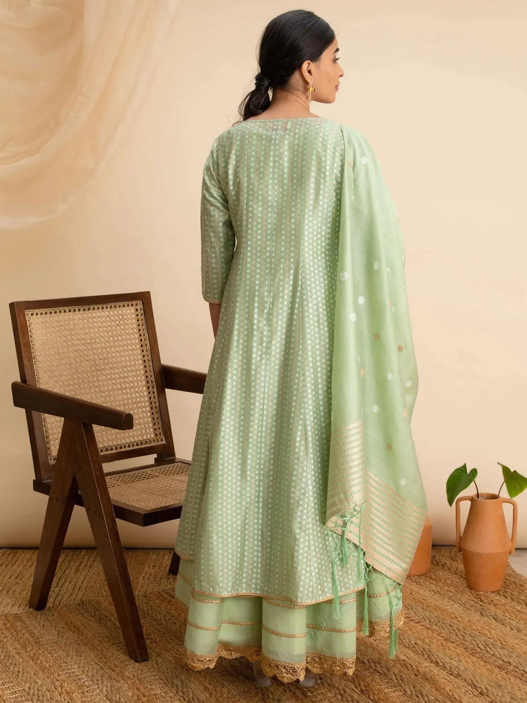 Green Self Design Silk Suit Set - Libas