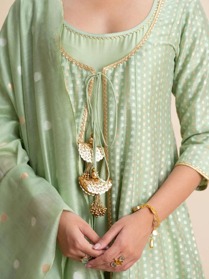 Green Self Design Silk Suit Set - Libas