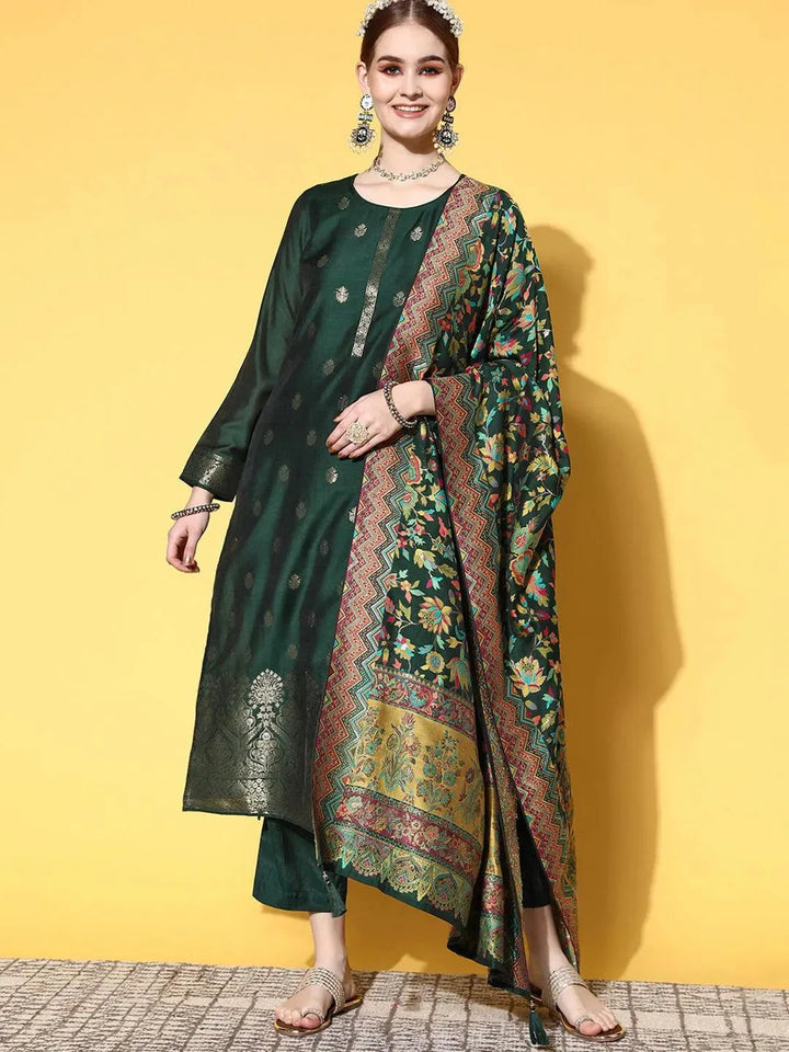 Green Self Design Silk Blend Straight Suit Set - Libas