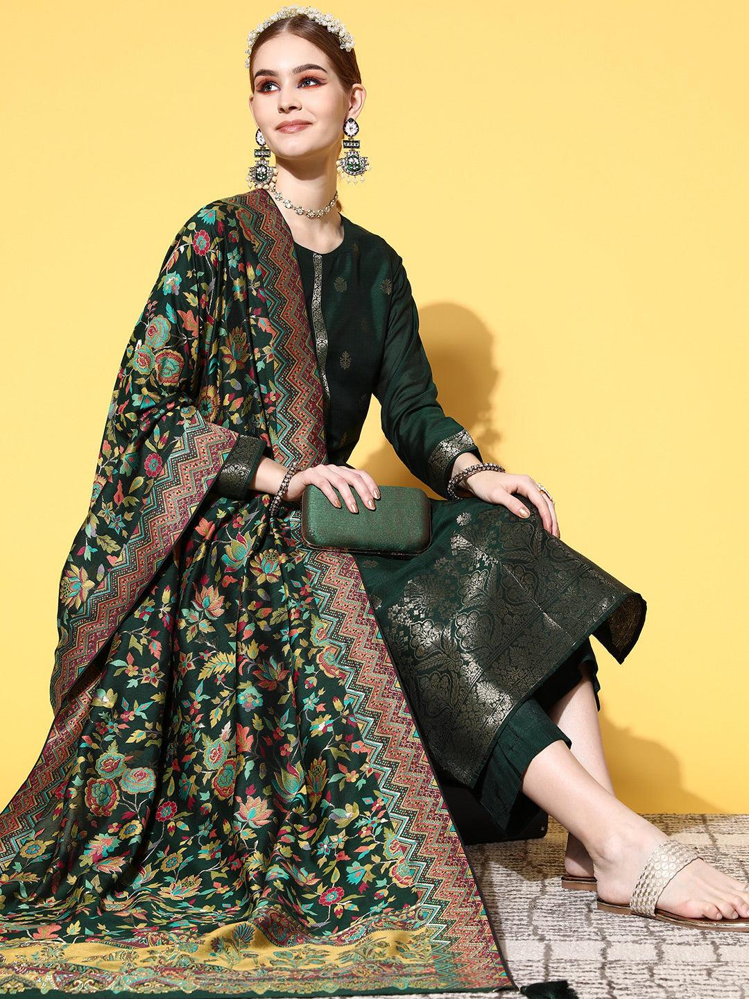 Green Self Design Silk Blend Straight Suit Set - Libas