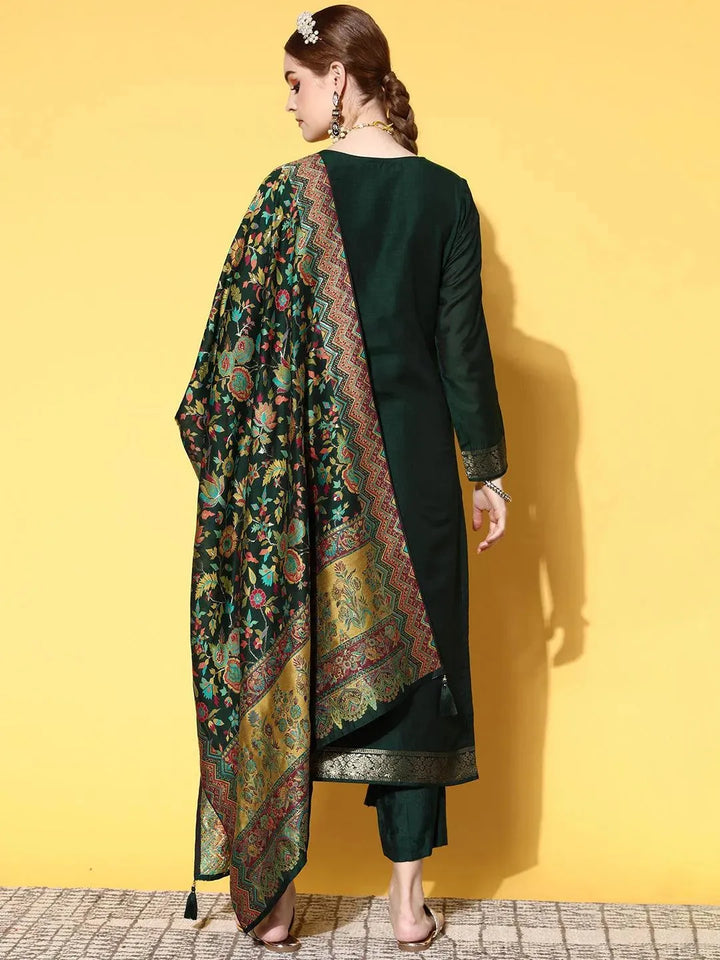 Green Self Design Silk Blend Straight Suit Set - Libas