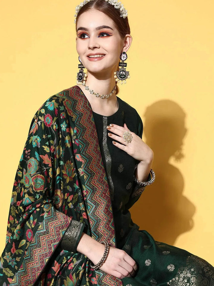 Green Self Design Silk Blend Straight Suit Set - Libas