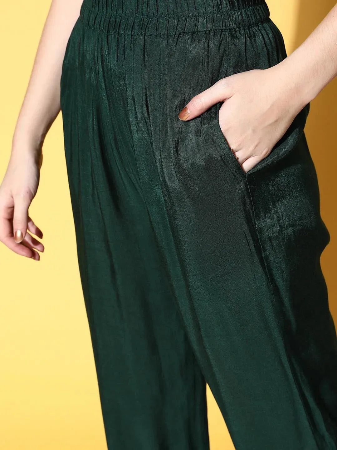 Green Self Design Silk Blend Straight Suit Set - Libas 