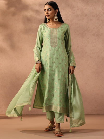 Green Self Design Silk Blend Suit Set With Trousers - Libas