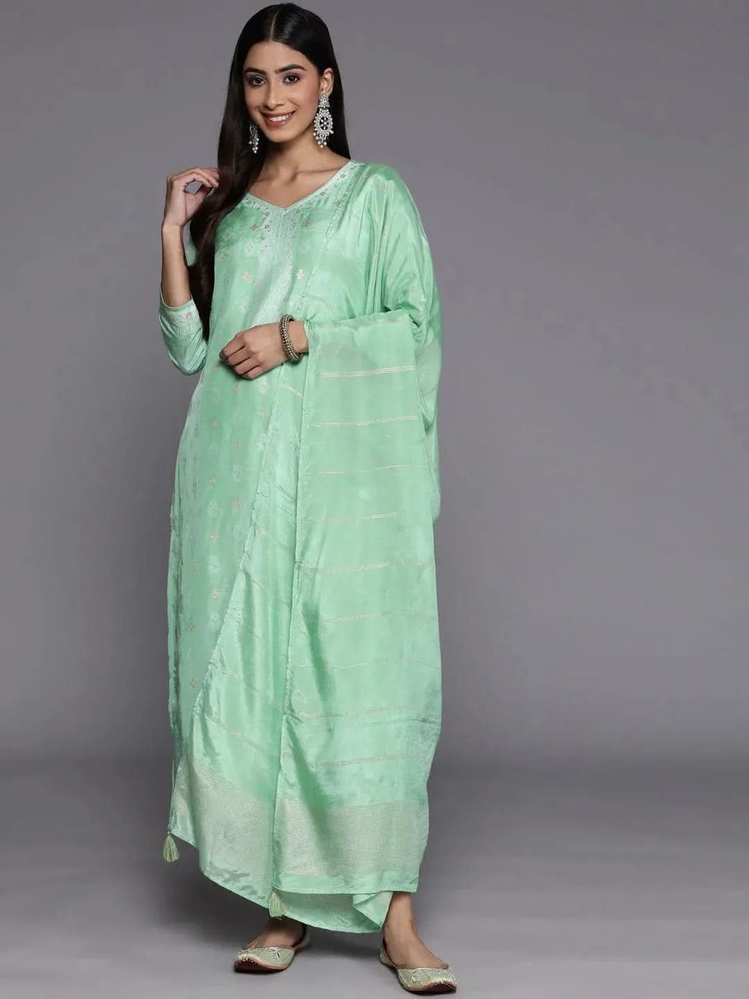 libas Green Self Design Silk Blend Straight Kurta With Trousers & Dupatta-picture-16