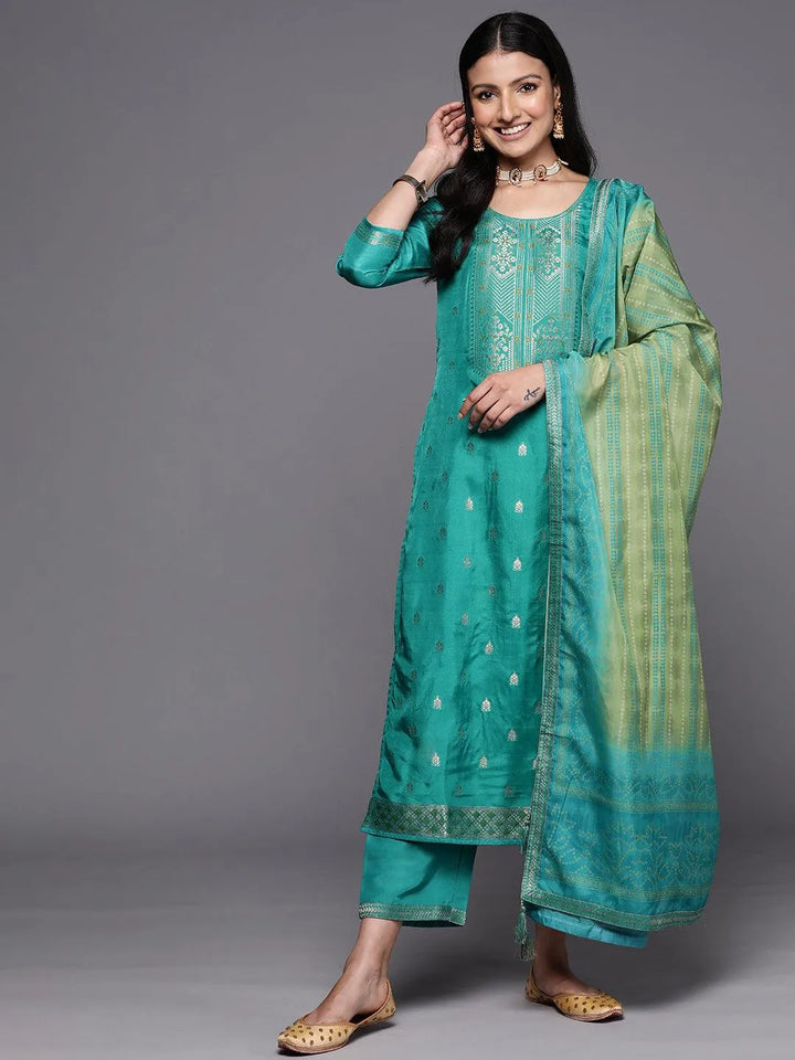 Green Self Design Silk Blend Straight Suit Set With Trousers - Libas