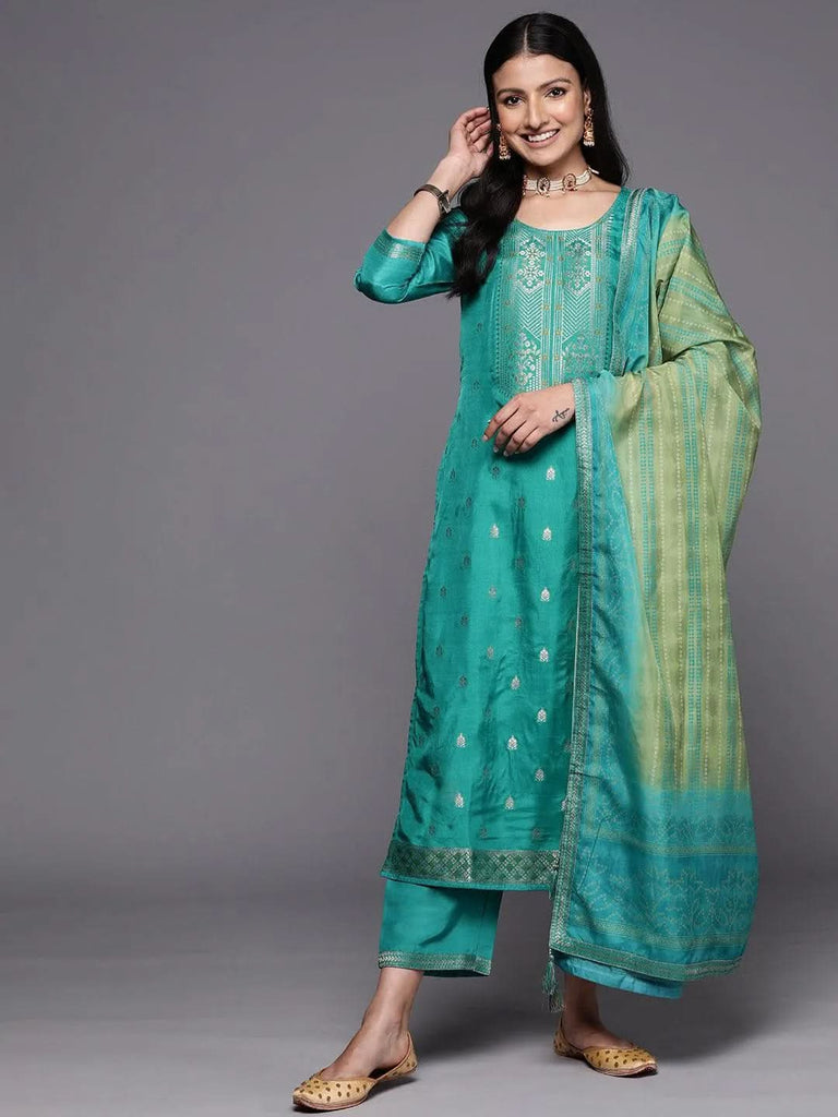 Libas Green Self Design Silk Blend Straight Kurta With Trousers & Dupatta