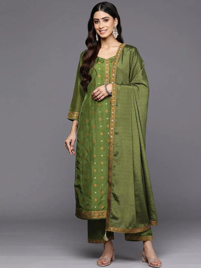 Green Self Design Silk Blend Straight Suit Set With Trousers - Libas