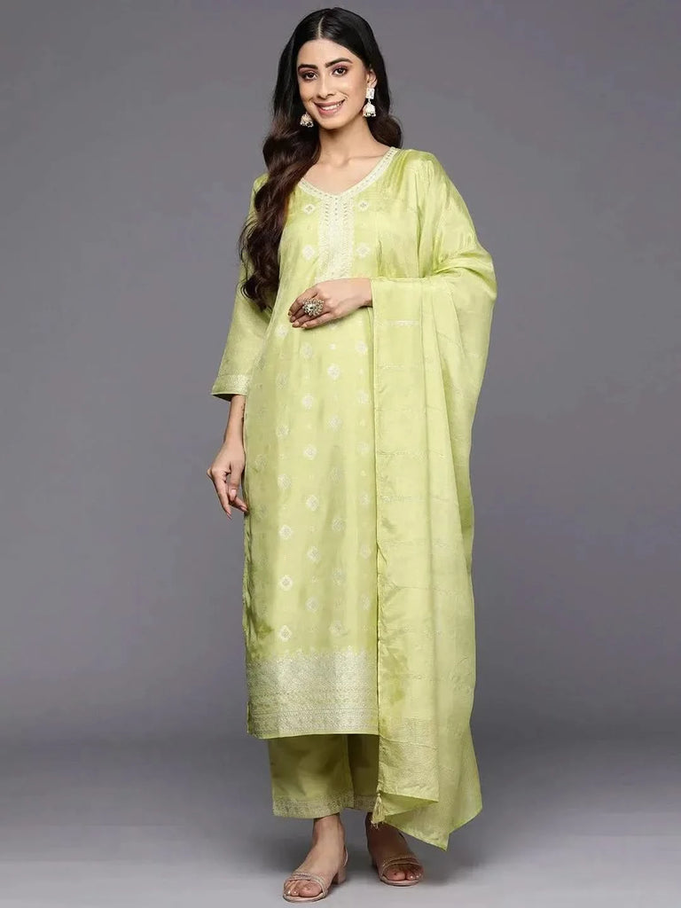 Libas Green Self Design Silk Blend Straight Kurta With Trousers & Dupatta