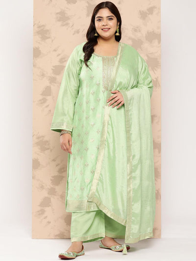 Green Self Design Silk Blend Straight Suit Set With Trousers - Libas