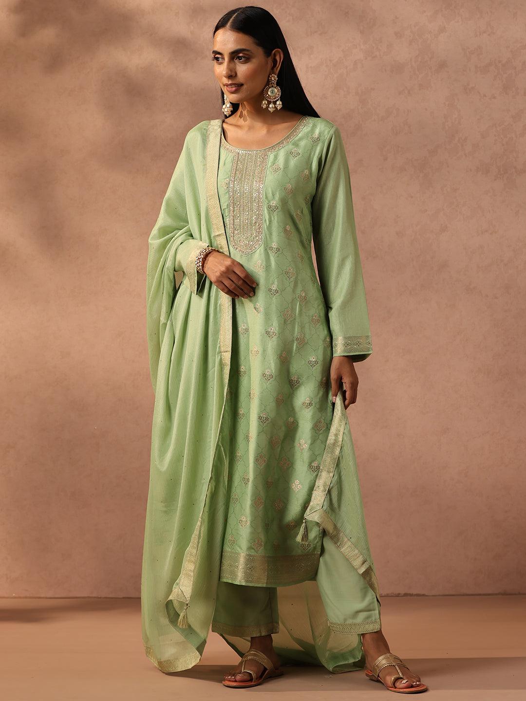 Green Self Design Silk Blend Suit Set With Trousers - Libas