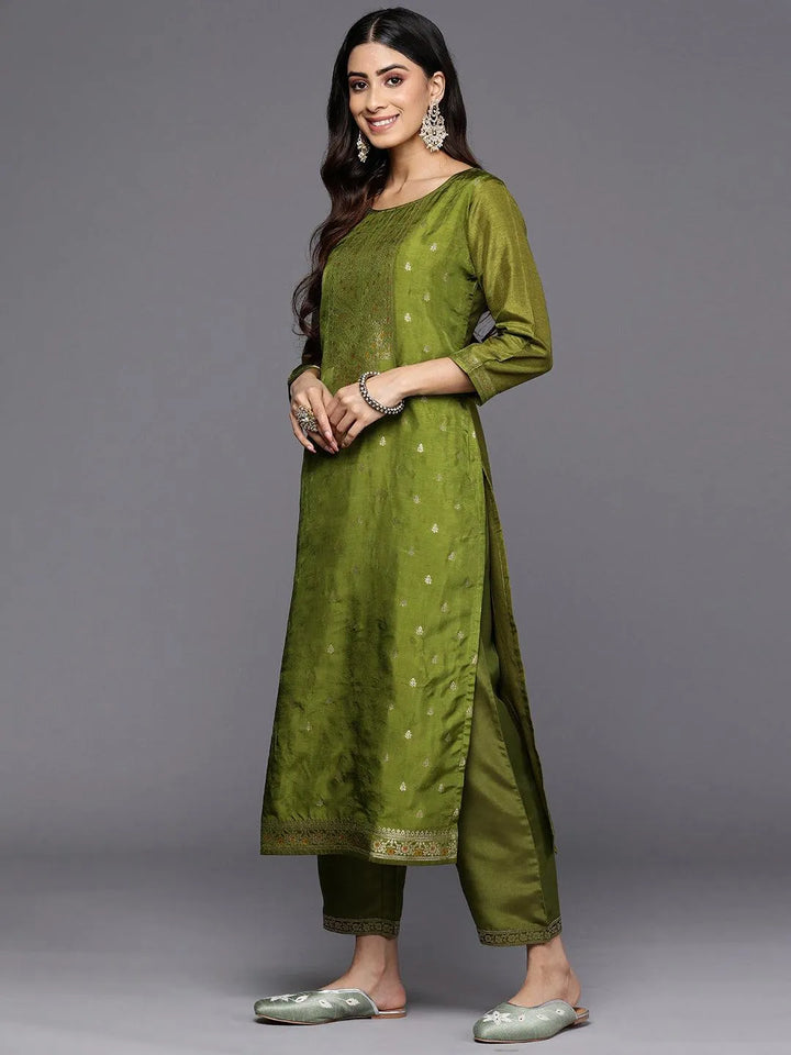 Green Self Design Silk Blend Straight Suit Set With Trousers - Libas