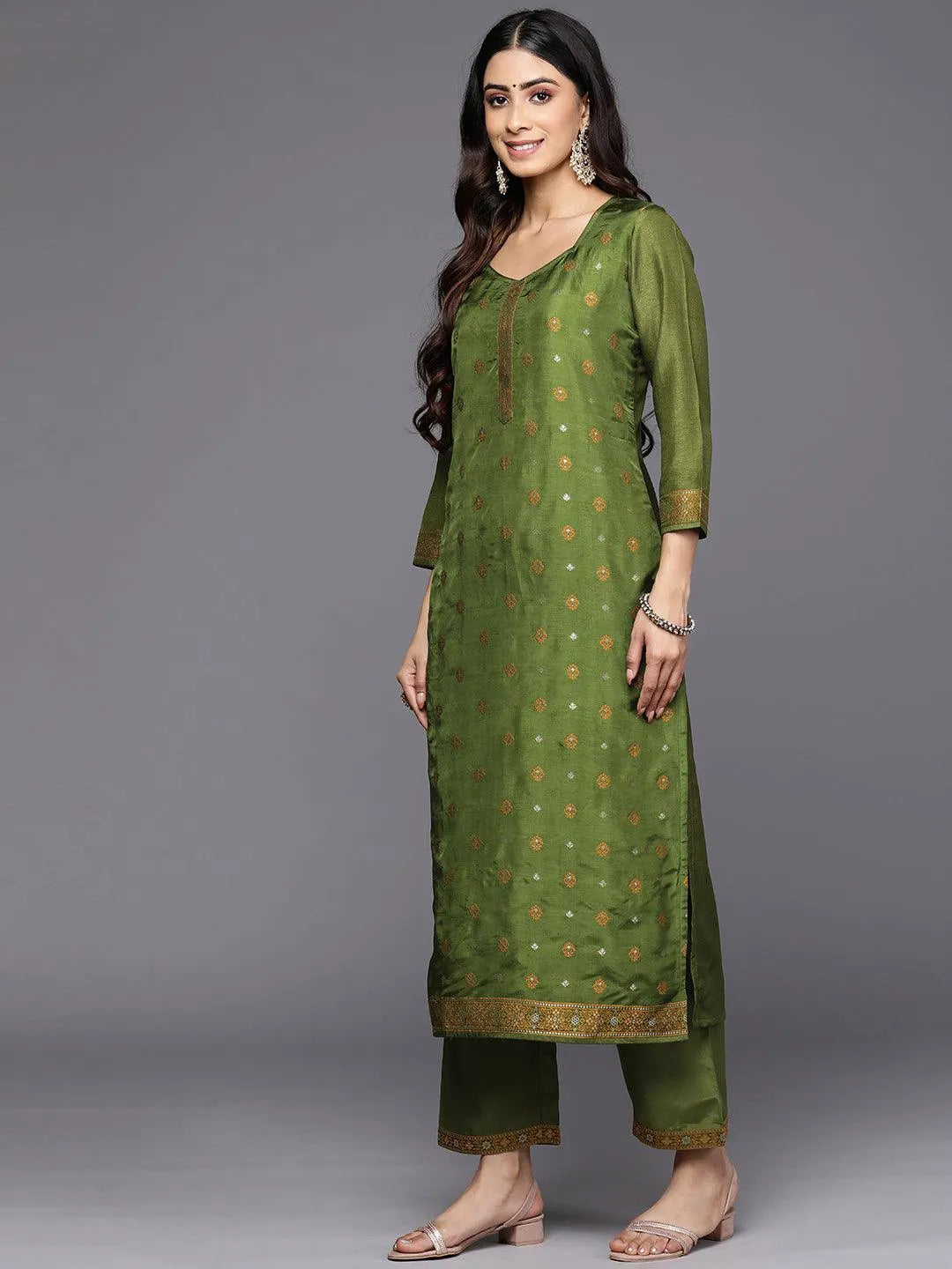 Green Self Design Silk Blend Straight Suit Set With Trousers - Libas 
