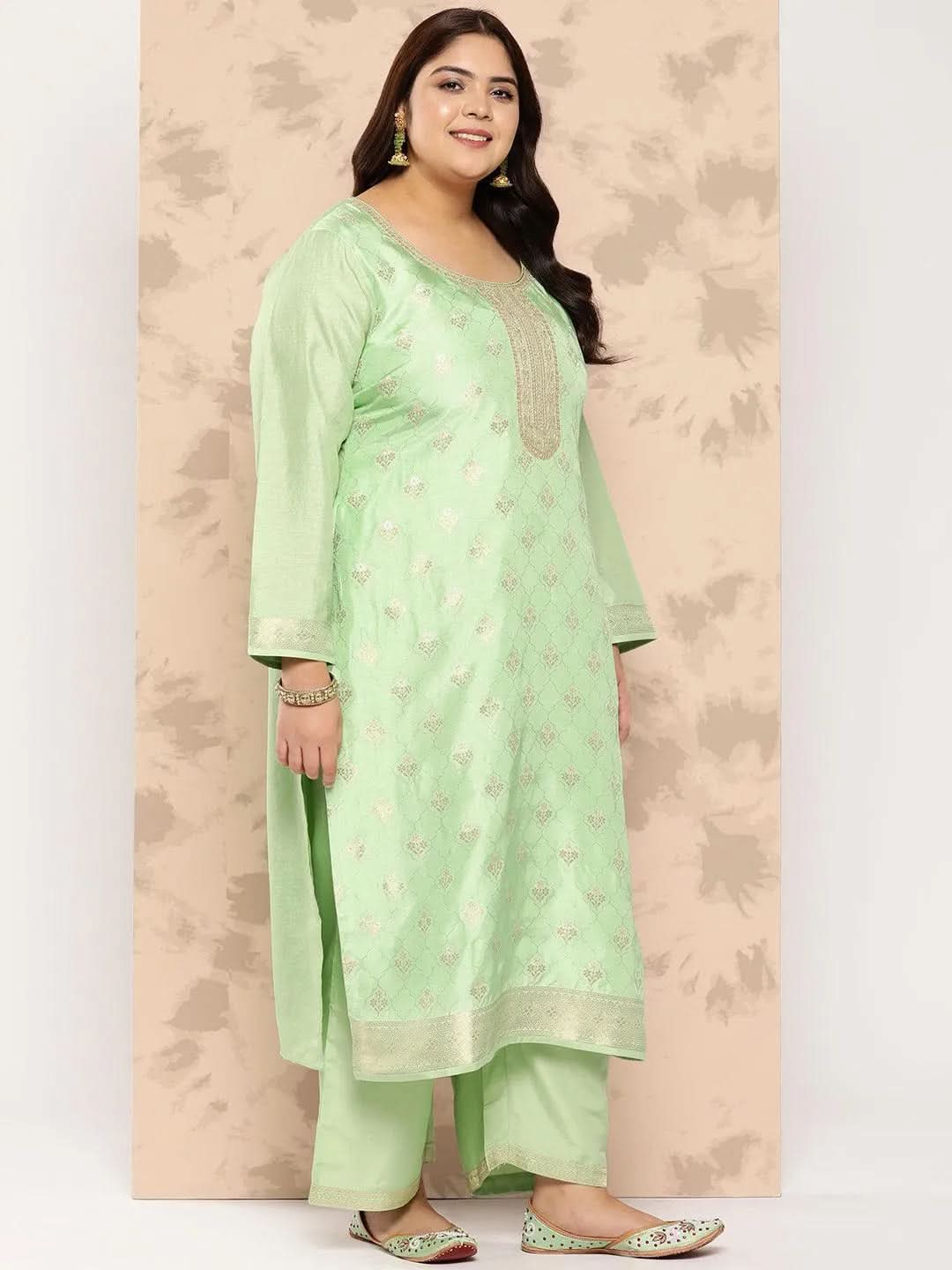 Green Self Design Silk Blend Straight Kurta With Trousers and Dupatta - Libas 