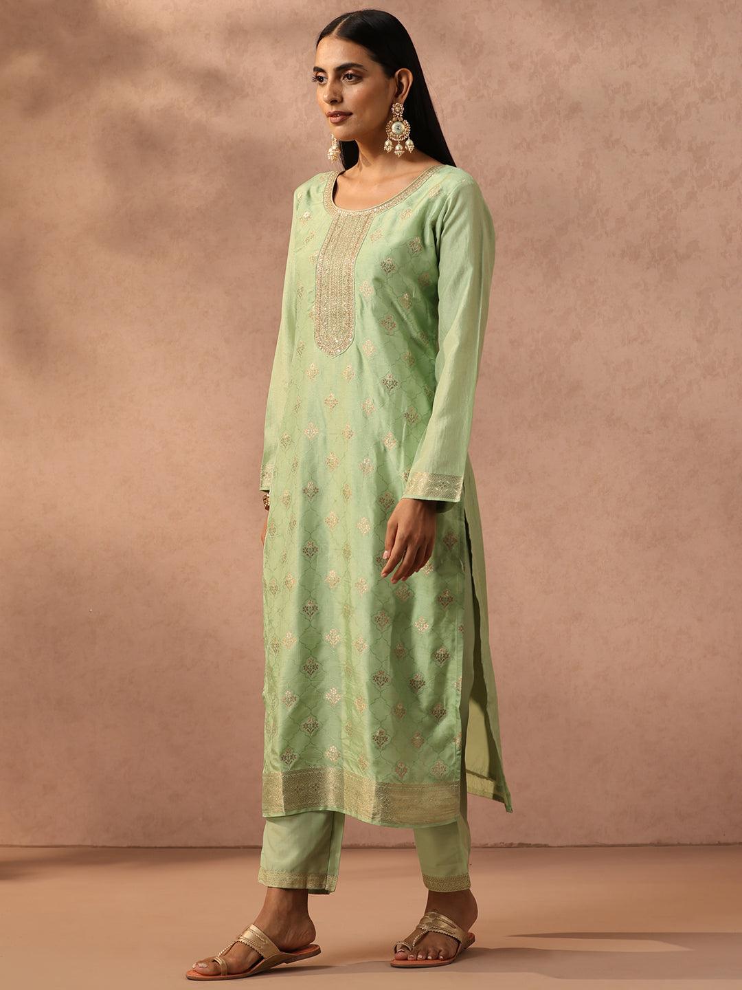 Green Self Design Silk Blend Straight Kurta With Trousers & Dupatta