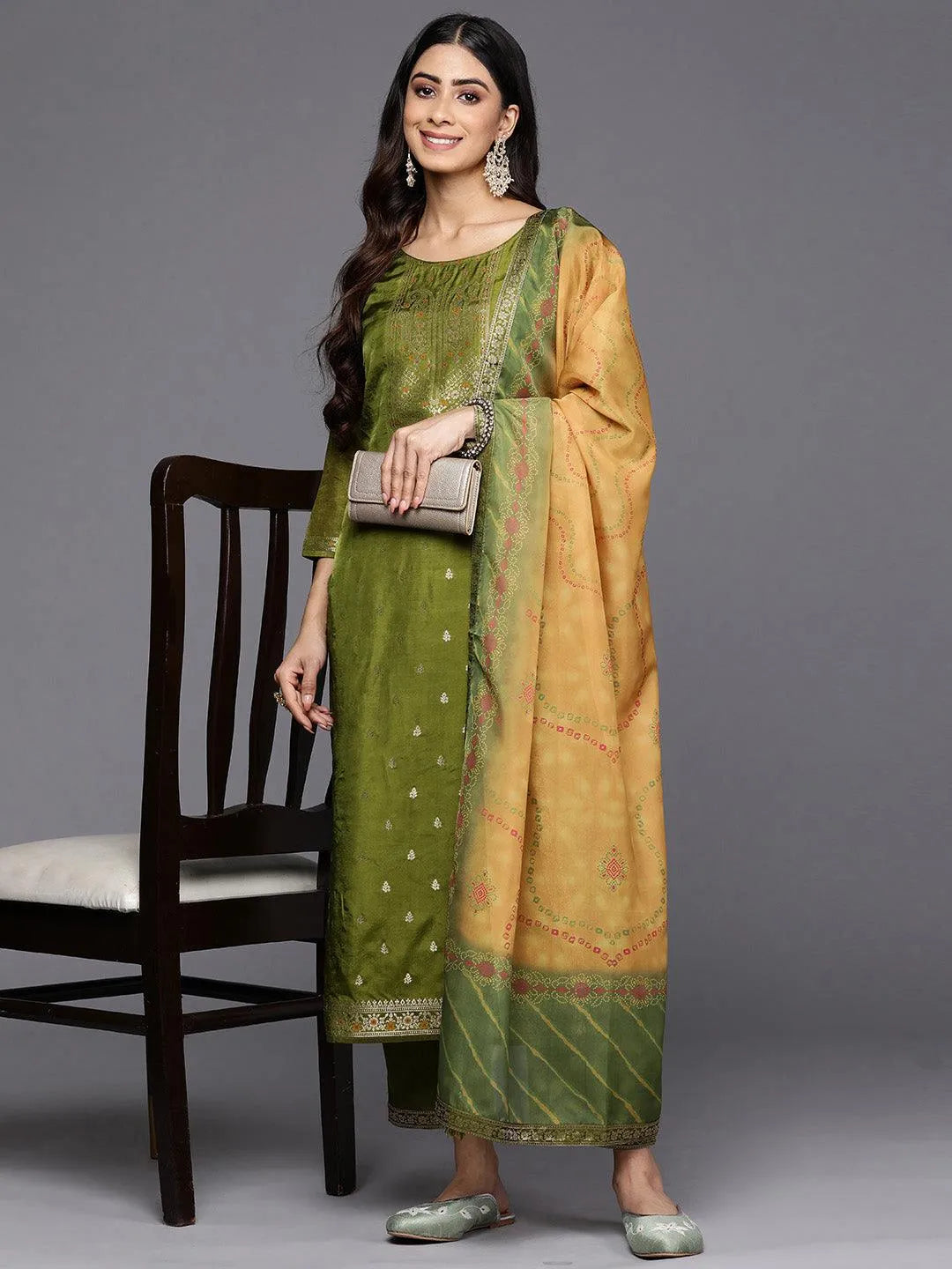 Green Self Design Silk Blend Straight Suit Set With Trousers - Libas 