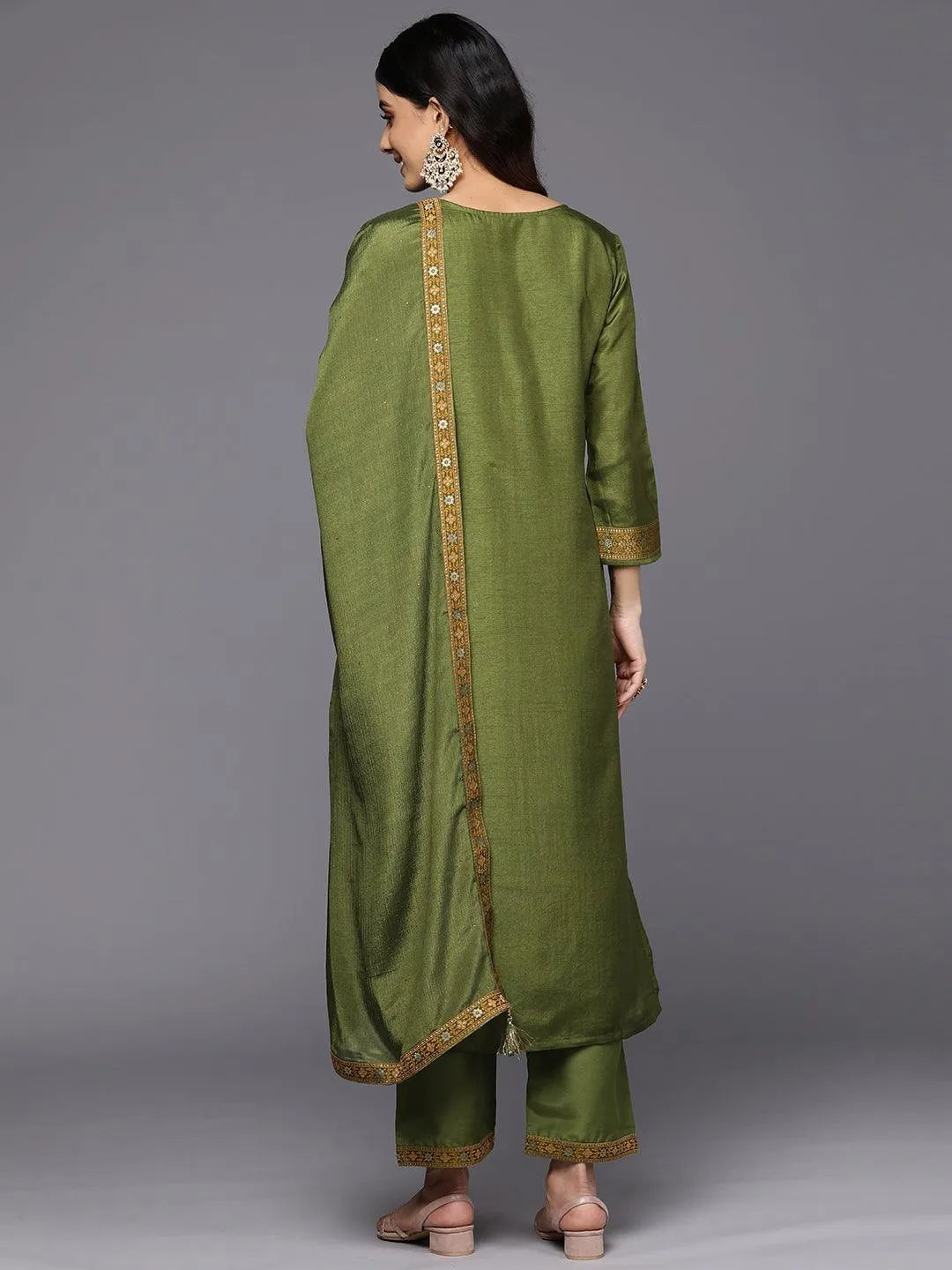 Green Self Design Silk Blend Straight Suit Set With Trousers - Libas 