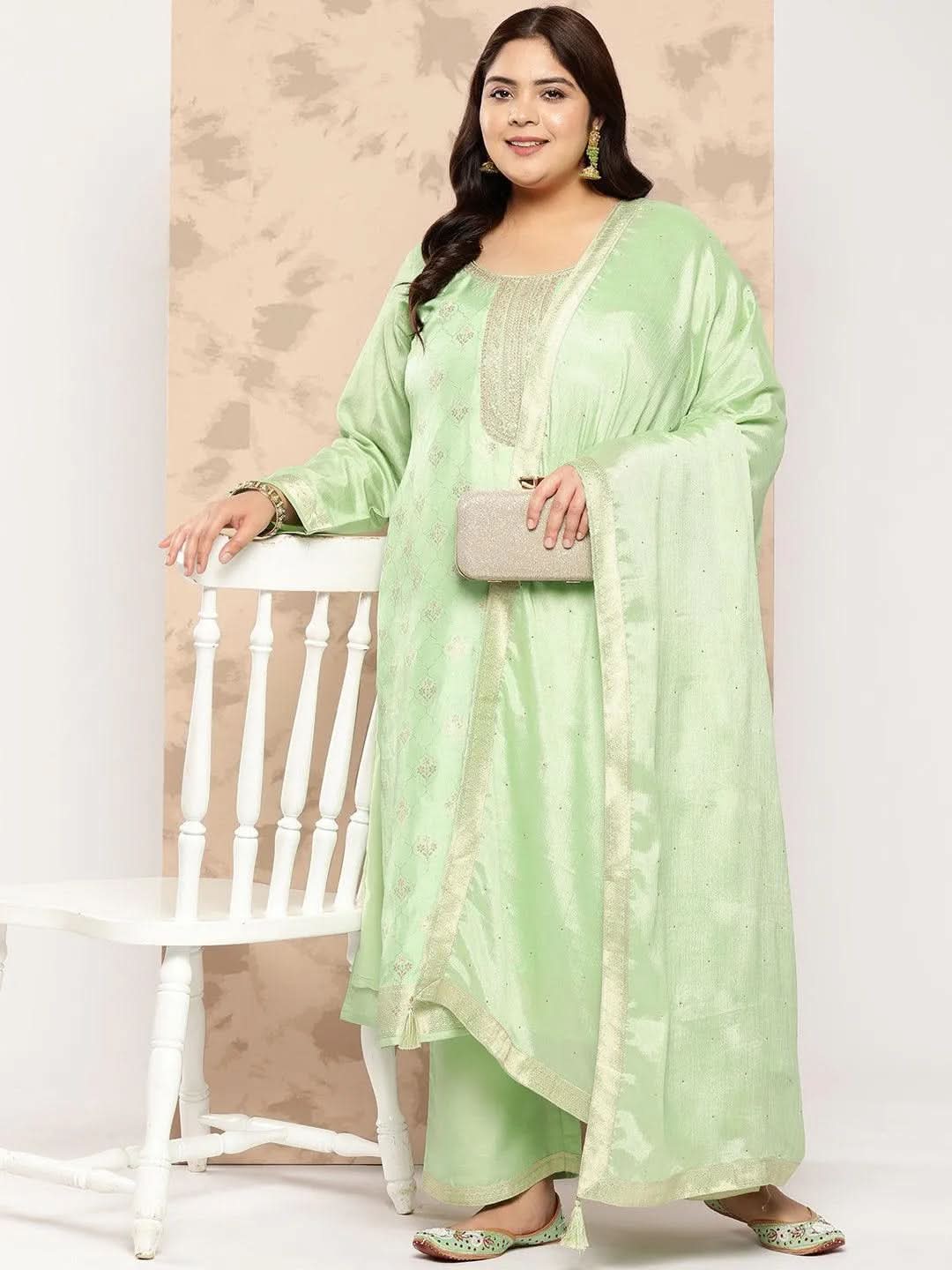 Green Self Design Silk Blend Straight Kurta With Trousers and Dupatta - Libas 