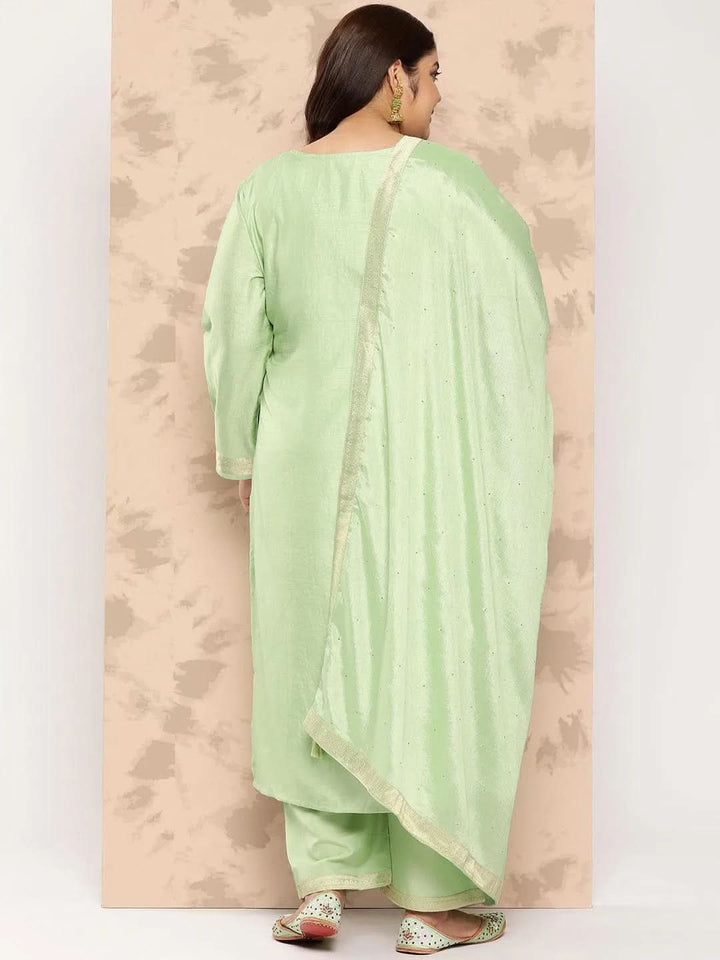 Green Self Design Silk Blend Straight Kurta With Trousers and Dupatta - Libas