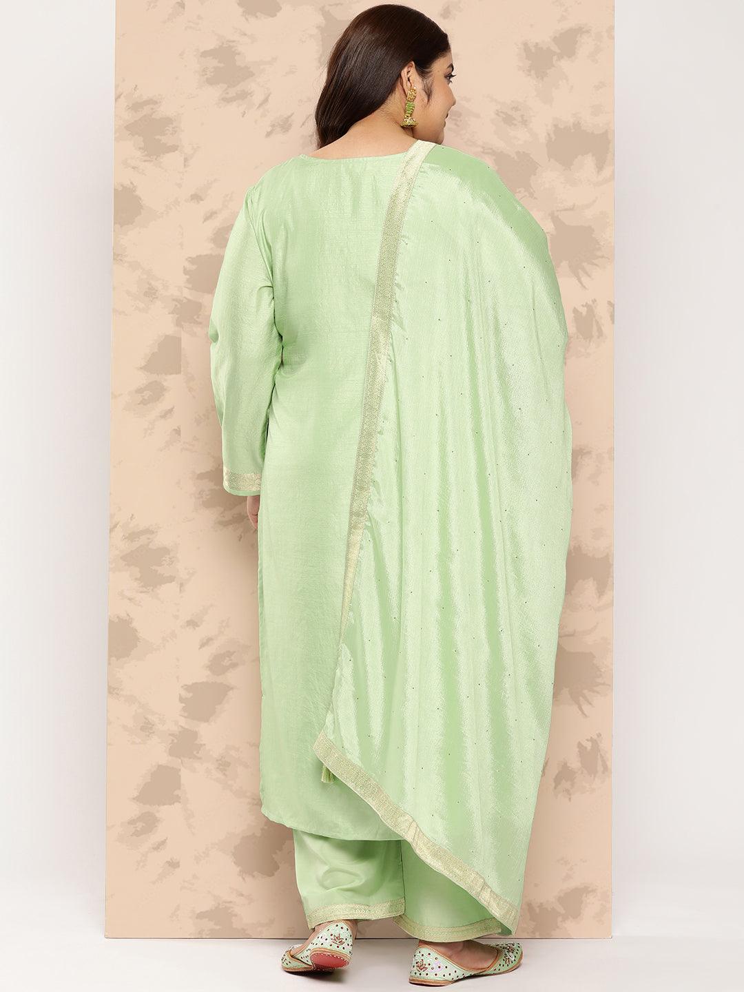 Green Self Design Silk Blend Straight Kurta With Trousers and Dupatta - Libas