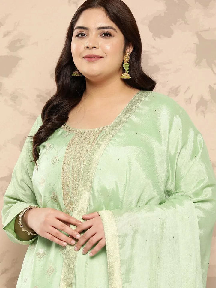 Green Self Design Silk Blend Straight Kurta With Trousers and Dupatta - Libas
