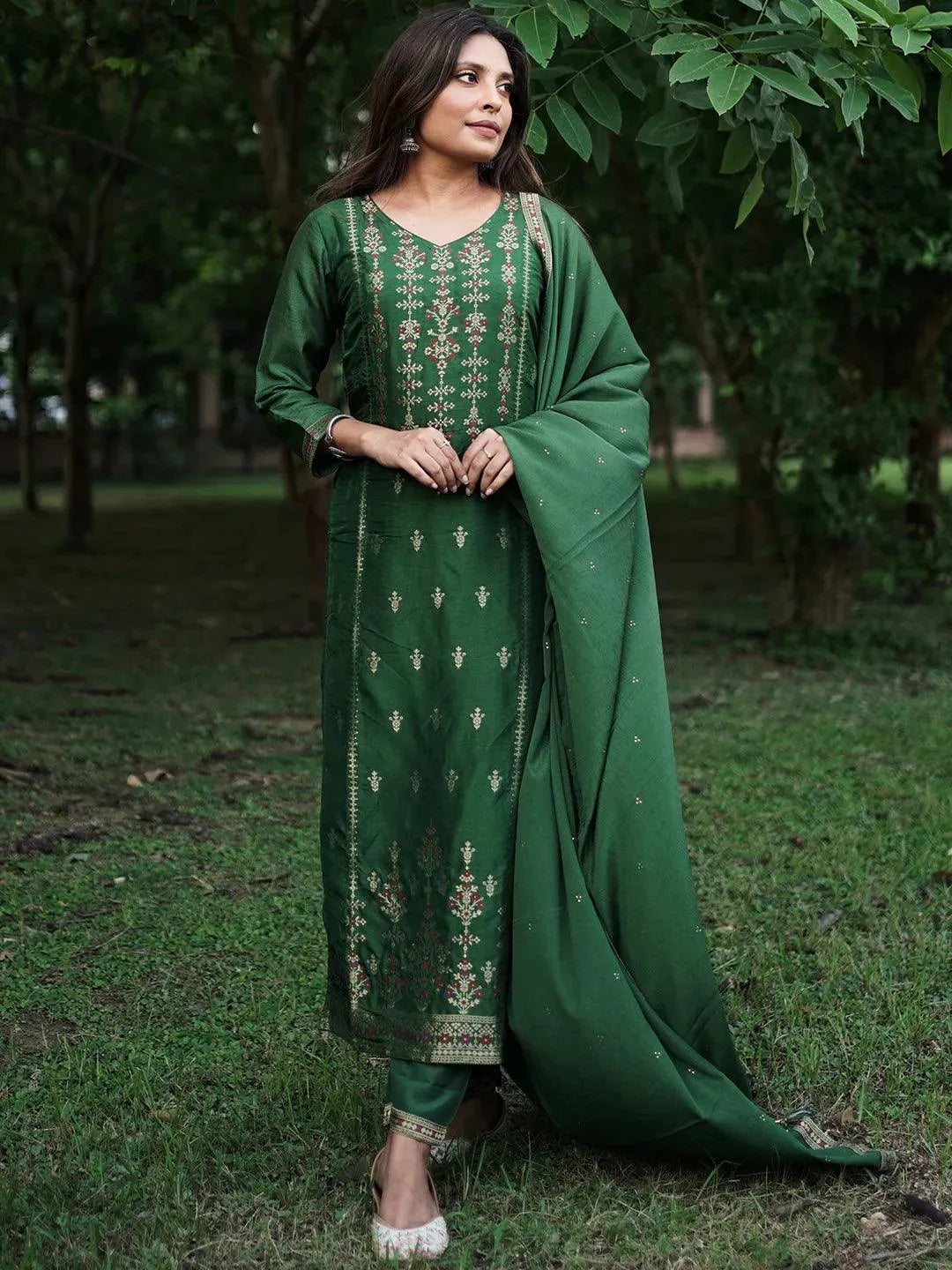 Green Self Design Silk Straight Kurta With Dupatta