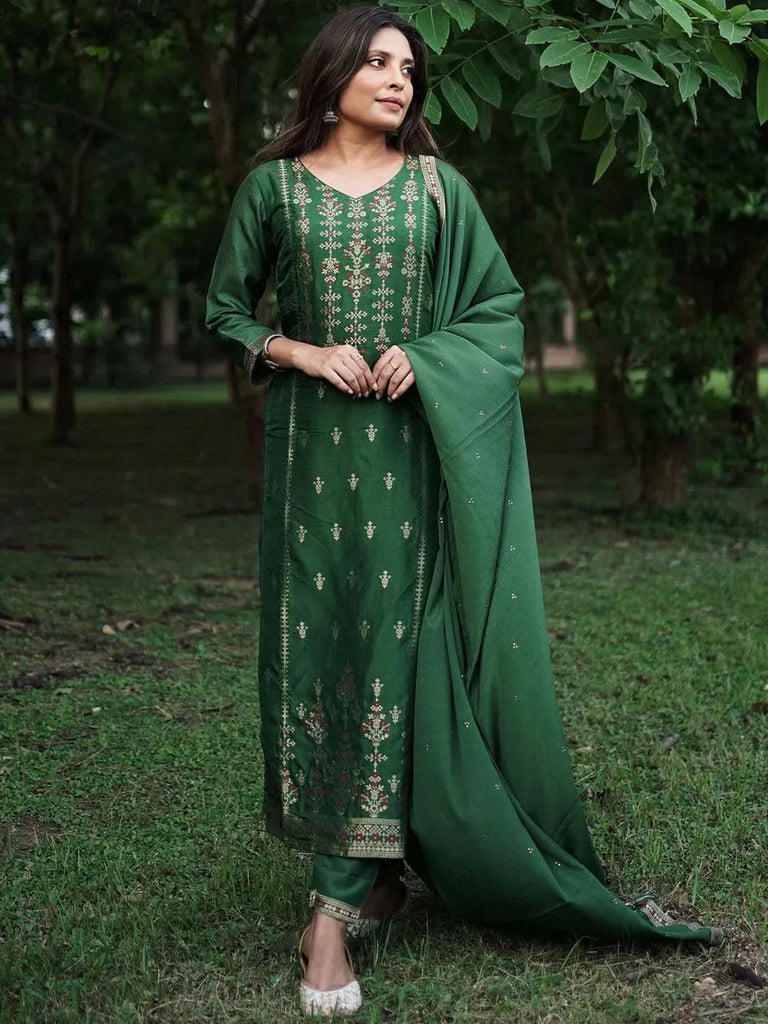 Gerua Green Self Design Silk Straight Kurta With Dupatta