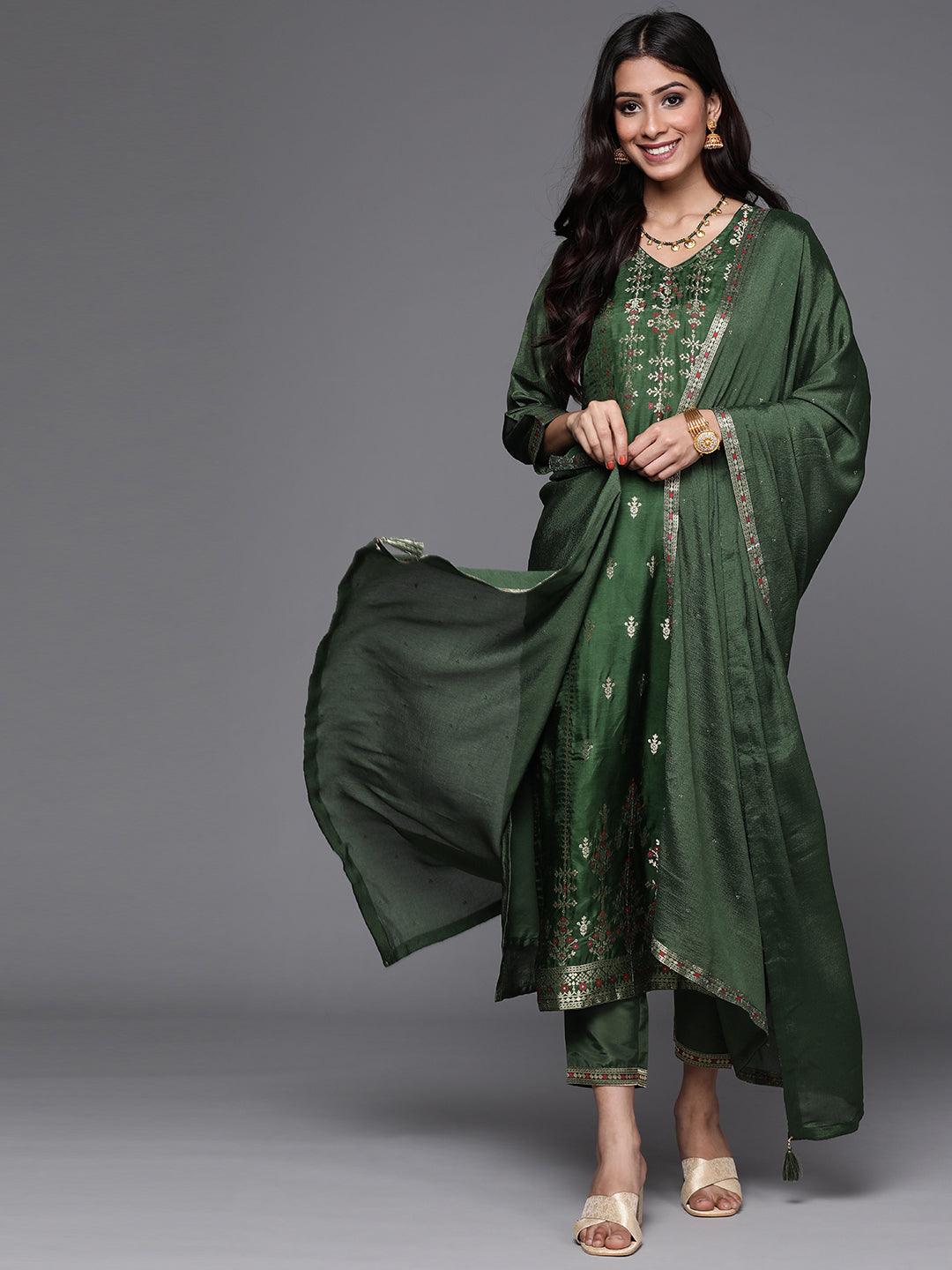 Green Self Design Silk Straight Kurta With Dupatta