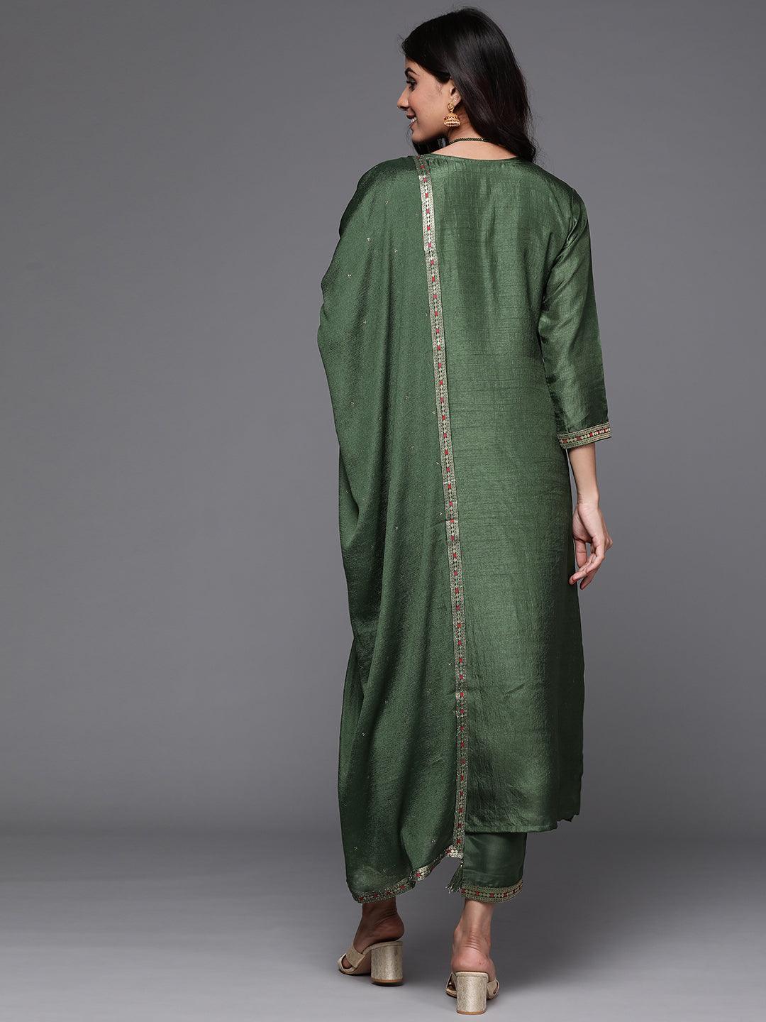 Green Self Design Silk Straight Kurta With Dupatta