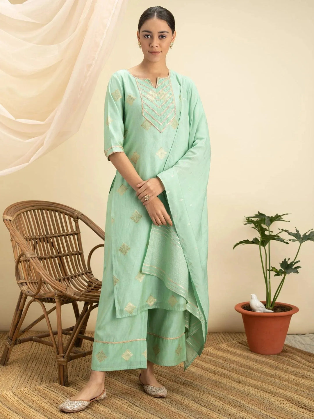 Green Self Design Silk Suit Set - Libas