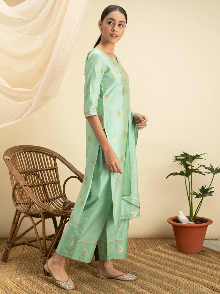 Green Self Design Silk Suit Set - Libas