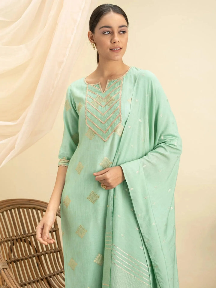 Green Self Design Silk Suit Set - Libas