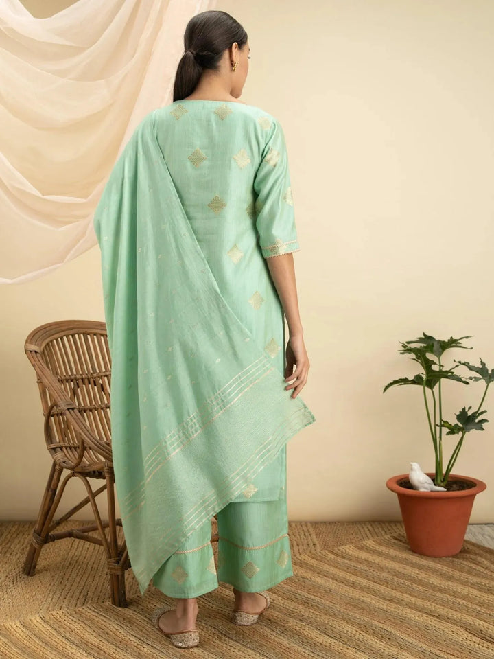 Green Self Design Silk Suit Set - Libas