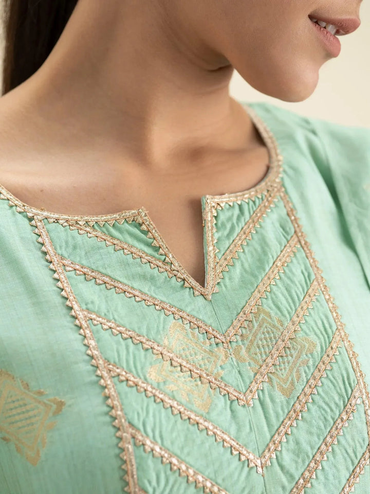 Green Self Design Silk Suit Set - Libas