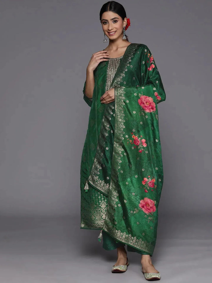 Green Self Design Silk Suit Set With Trousers - Libas