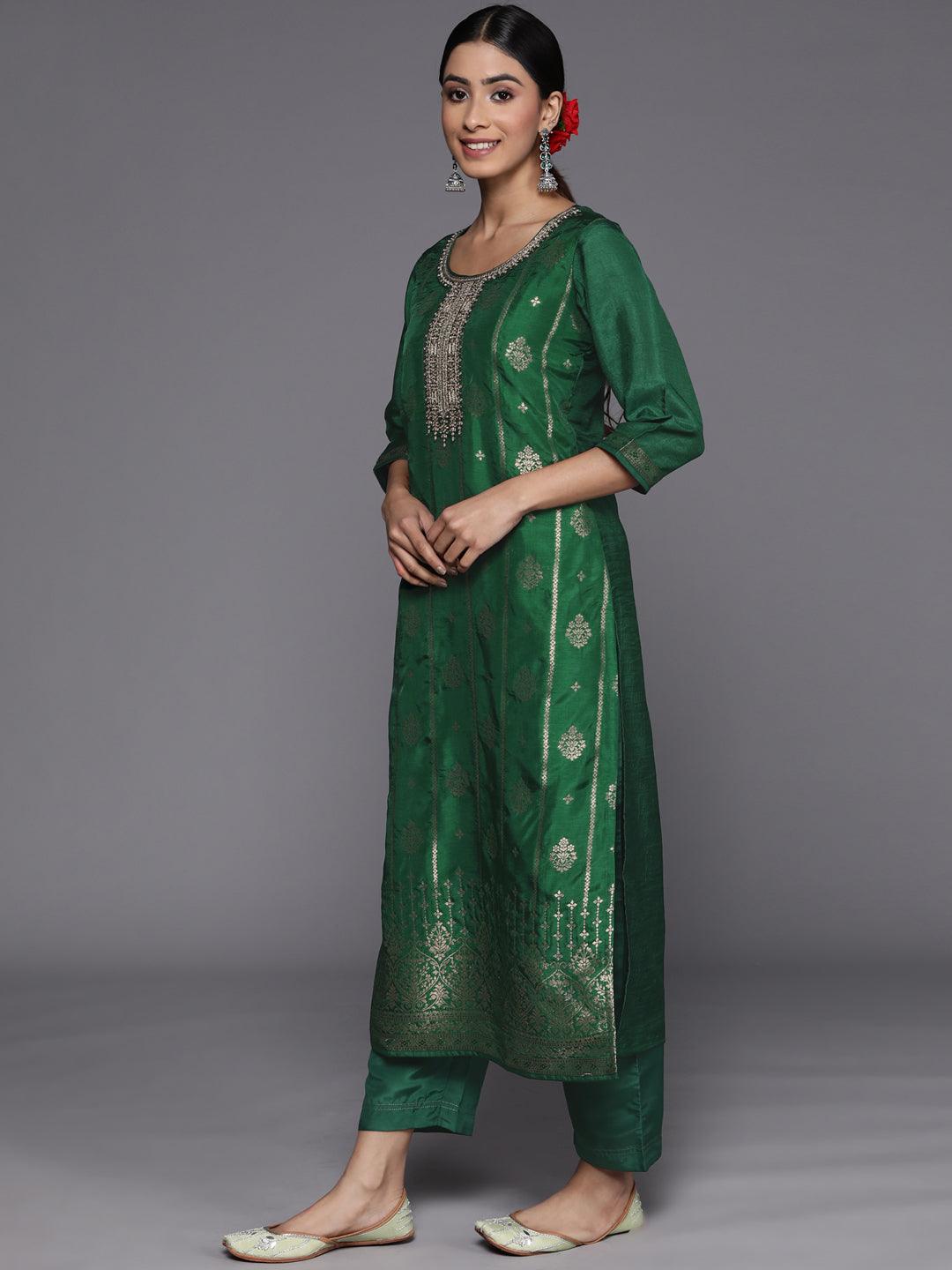 Green Self Design Silk Straight Kurta With Trousers & Dupatta