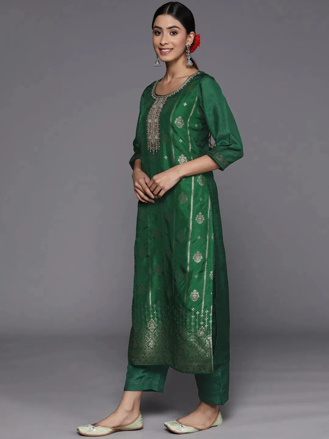 Green Self Design Silk Suit Set With Trousers - Libas