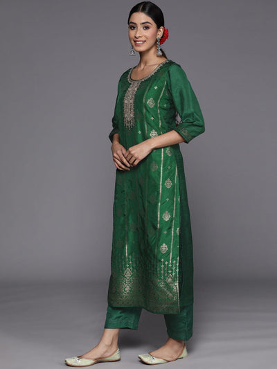 Green Self Design Silk Suit Set With Trousers - Libas
