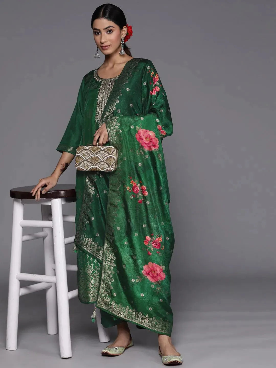 Green Self Design Silk Suit Set With Trousers - Libas 