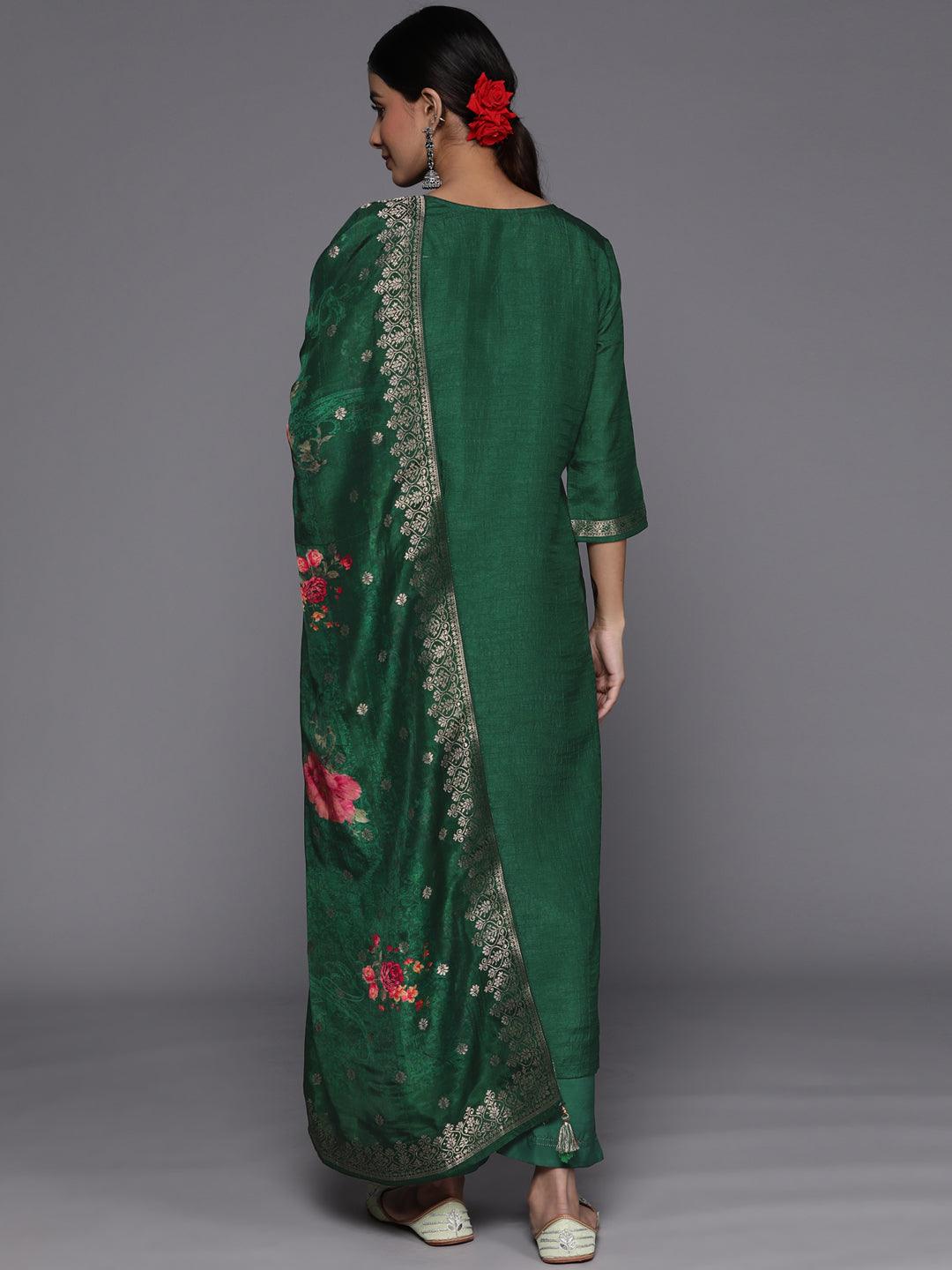 Green Self Design Silk Straight Kurta With Trousers & Dupatta