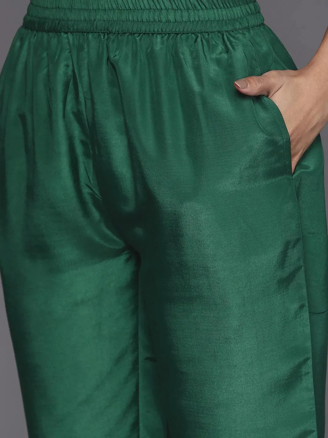 Green Self Design Silk Suit Set With Trousers - Libas 