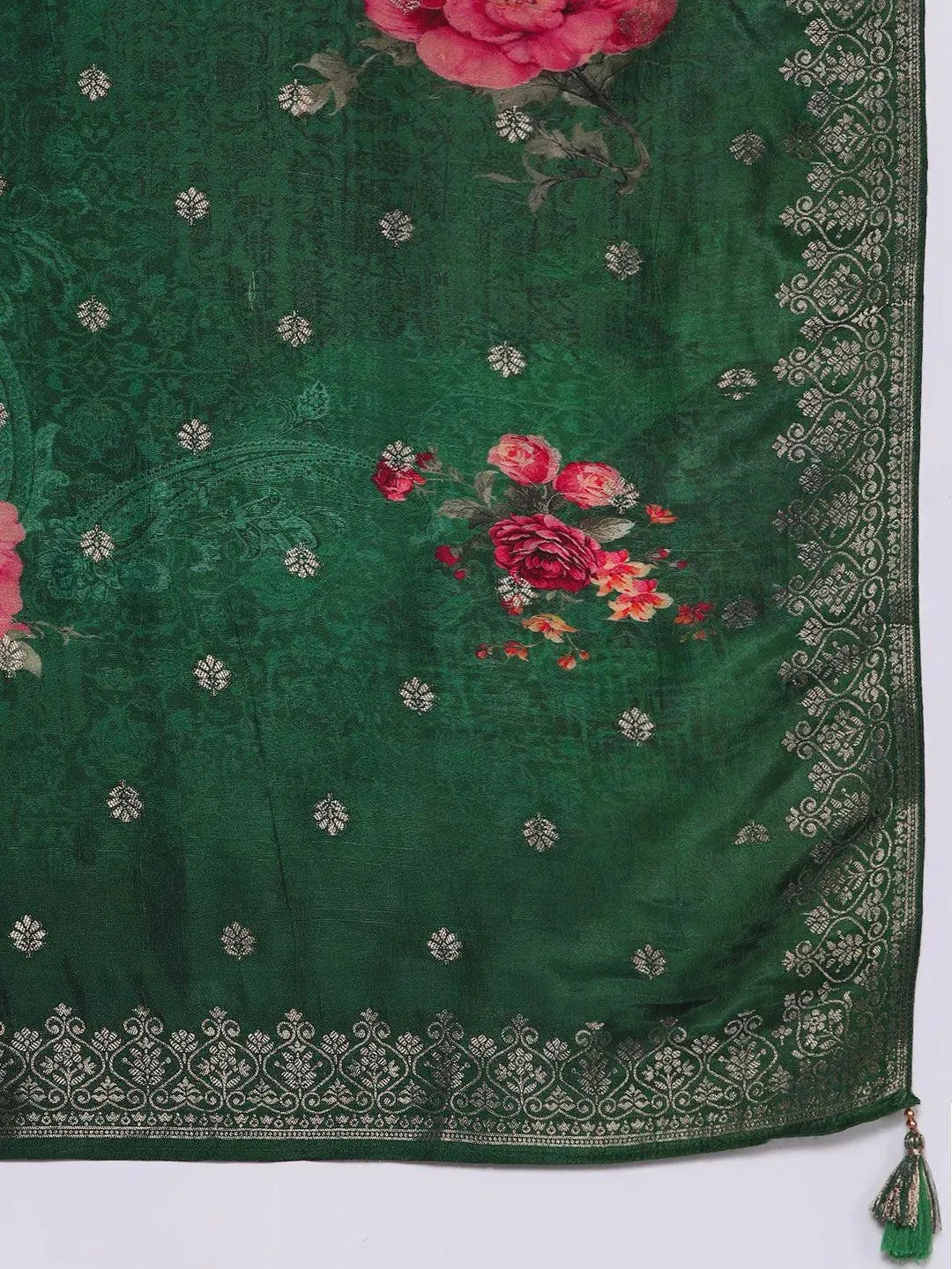Green Self Design Silk Suit Set With Trousers - Libas 