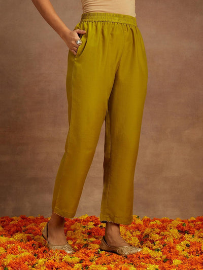 Green Self Design Silk Straight Kurta With Trousers & Dupatta - Libas