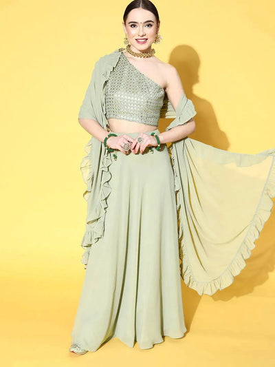 Green Sequinned Georgette Lehenga Set With Potli - Libas