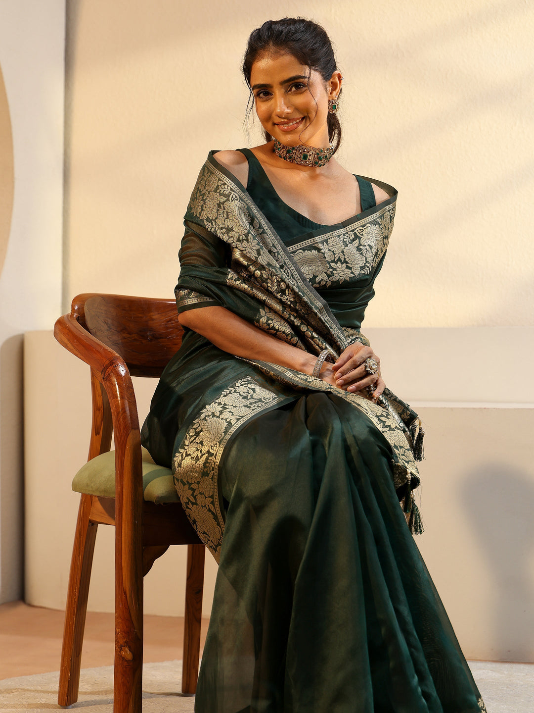  Libas Green Silk Blend Tassel Saree 