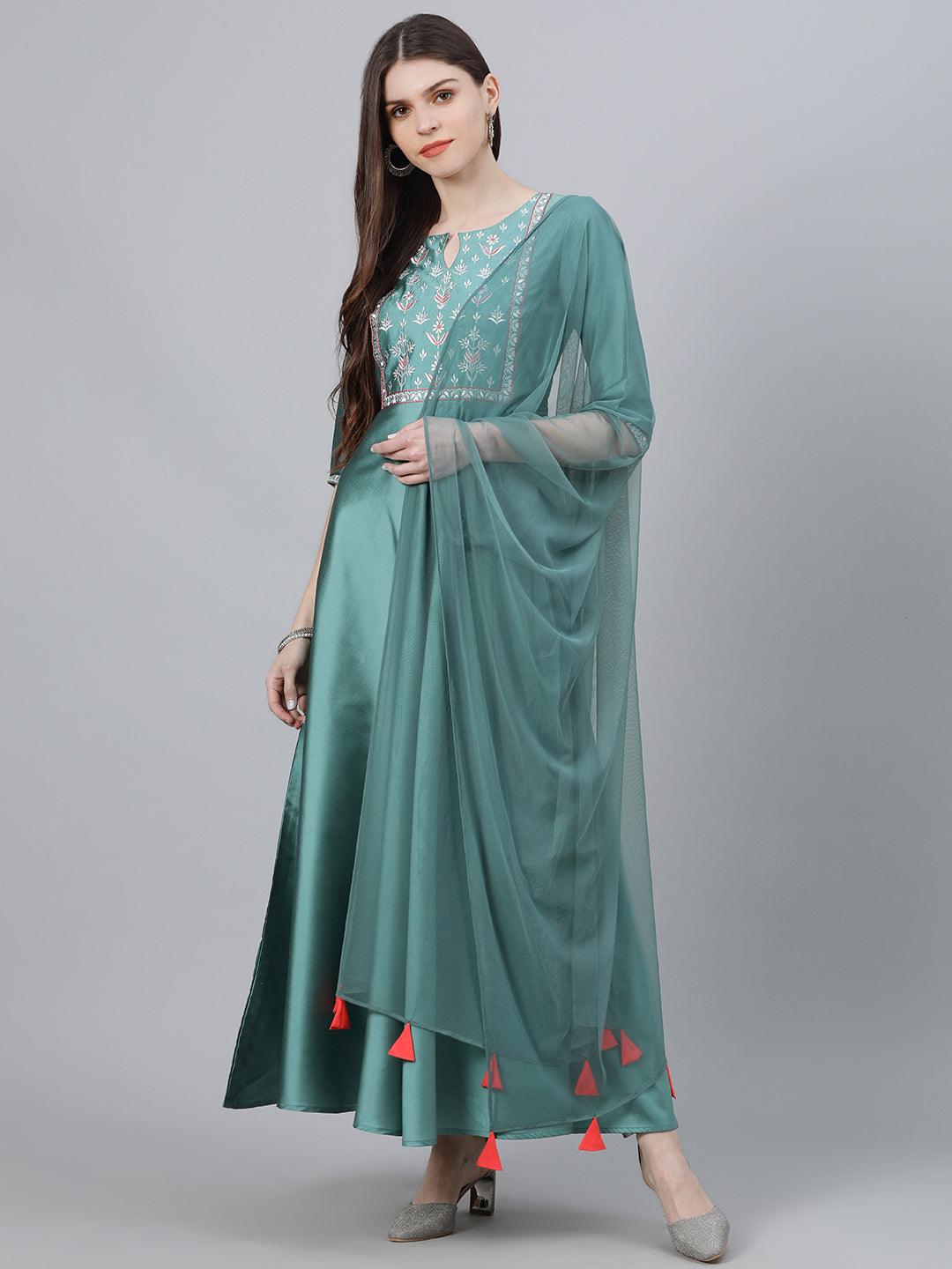 Green Solid Chanderi Dress With Dupatta - Libas