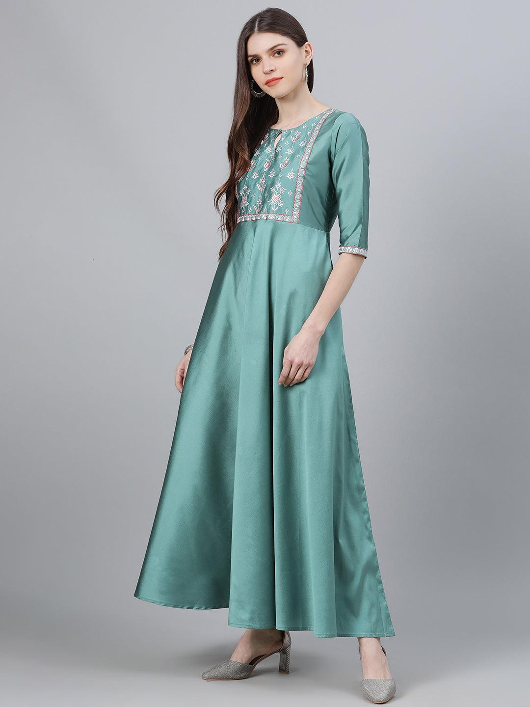 Green Solid Chanderi Dress With Dupatta